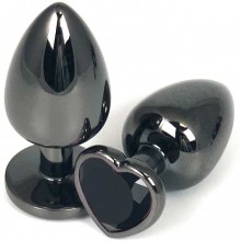 Черная металлическая анальная пробка с черным стразом-сердечком, общая длина 7.5 см, Vandersex 400-HVBKM, цвет черный, длина 7.5 см.