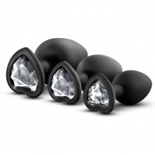 Набор из 3 черных пробок с прозрачным кристаллом-сердечком «Bling Plugs Training Kit», Blush novelties BL-395835, из материала силикон, длина 9.5 см., со скидкой