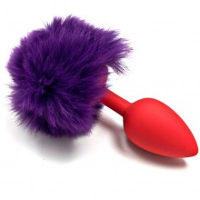 Красная силиконовая анальная пробка с пушистым фиолетовым хвостиком зайчика, размер S, Vandersex 127-S-RED-PUR, цвет фиолетовый, длина 6 см.