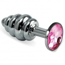 Серебристая рельефная анальная пробка с нежно-розовым кристаллом, из металла, длина 7.5 см, Vandersex 180-SLP, цвет розовый, длина 7.5 см.