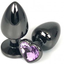 Черная гладкая анальная пробка с сиреневым кристаллом-сердечком, общая длина 7.5 см, Vandersex 400-HVLILL, из материала металл, цвет сиреневый, длина 7.5 см.
