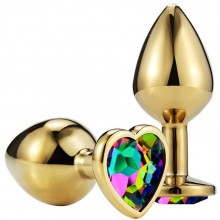 Золотистая гладкая анальная пробка с разноцветным кристаллом-сердечком, общая длина 7.5 см, Vandersex 170-GMH, длина 7.5 см.