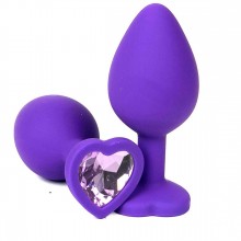 Фиолетовая силиконовая анальная пробка с сиреневым стразом-сердцем, длина 8 см, диаметр 3.5 см, Vandersex 122-HFLILM, цвет сиреневый, длина 8 см.