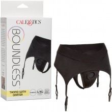 Стринги «Boundless» с подвязками и креплением для страпона - L/XL, цвет черный, California Exotic Novelties SE-2701-19-3, бренд CalExotics, из материала нейлон, со скидкой
