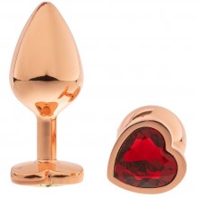 Золотистая анальная пробка с красным кристаллом-сердцем, металл, OYO APRG-OYO-H-ruby, цвет красный, длина 7.3 см., со скидкой