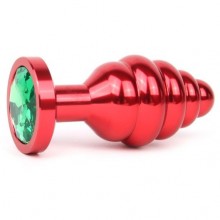 Рельефная анальная пробка с зеленым кристаллом «Red plug small», красная, Anal Jewerly Plug AR-07-S, из материала металл, цвет красный, длина 7.1 см.