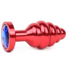 Рельефная анальная втулка с синим стразом «Red plug small», цвет красный, Anal Jewerly Plug AR-13-S, длина 7.1 см.