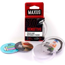 Ультратонкие презервативы в пластиковом кейсе «Sensitive», упаковка 3 шт, Maxus 0901-009, из материала латекс, длина 18 см., со скидкой