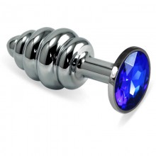Рельефная анальная пробка с синим кристаллом «Spiral», цвет серебристый, LoveToy RO-SSR07, длина 6.85 см.