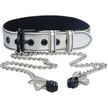 Ошейник с зажимами для сосков на цепочках «Metallic Silver Collar With Nipple Clamp», цвет серебристый, LoveToy LV761006, длина 45 см., со скидкой