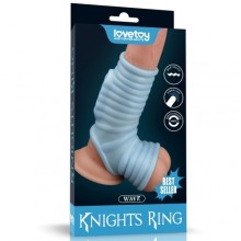 Ребристая насадка на пенис с вибрацией «Wave Knights Ring», цвет голубой, LoveToy LV343128, длина 14.4 см., со скидкой