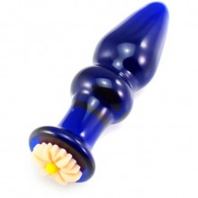Стеклянная анальная пробка с украшением в виде цветка, цвет синий, TAP-0067, бренд OEM, длина 11.3 см.
