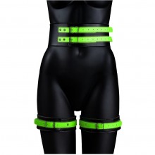 Набор из искусственной кожи для бондажа «Thigh Cuffs & Belt Neon Green», цвет черный, размер L/XL, Shots Media OU733GLOLXL, коллекция Ouch!, со скидкой