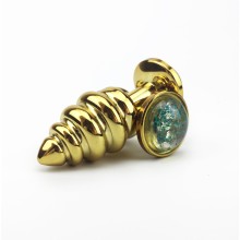Золотая ребристая анальная пробочка с синим стразом, металл, OEM TAP-0087S, цвет золотой, длина 7.9 см., со скидкой