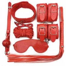 БДСМ набор 7 предметов, цвет красный, материал экокожа, Eroticon P3343R, длина 42 см., со скидкой