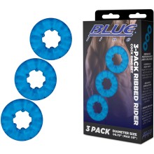 Комплект из трех колец для эрекции «3-Pack Ribbed Rider Cock Ring Set», BlueLine BLM4028-BLU, цвет голубой, диаметр 4.2 см., со скидкой