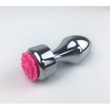 Маленькая анальная втулка с украшением в виде ярко-розового цветка, металл, TAP-0058FK, длина 8.3 см., со скидкой