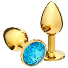 Золотистая анальная пробка с голубым кристаллом, Оки-Чпоки 5215665, бренд Сима-Ленд, длина 7 см.