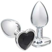 Серебристая анальная пробка с чрным кристаллом в форме сердца, 7 см., 5215671, бренд Сима-Ленд, из материала металл, длина 7 см., со скидкой