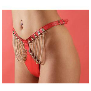 Женские трусики на ремешках, отделанные цепочками 44-48, бренд Фетиш компани, из материала кожа, цвет красный