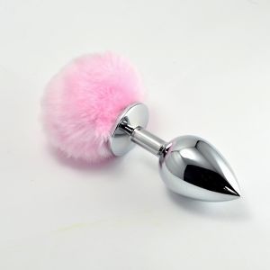 Анальная пробка c хвостом «Розовый Задорный Кролик», из металла, Luxurious Tail 47151, цвет серебристый, длина 6 см., со скидкой