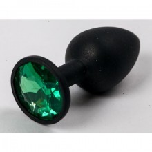 Пробка для попы со стразом, черная с зеленым, Luxurious Tail 47122, из материала силикон, коллекция Anal Jewelry Plug, длина 7.1 см., со скидкой