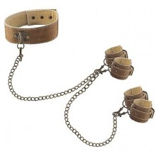 Кожанный ошейник с наручниками для рук и ног OUCH «Collar with Hands & Ankle Cuffs», цвет коричневый, SH-OU167BRN, бренд Shots Media, со скидкой