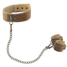 Ошейник с наручниками Ouch «Premium Bonded Leather Collar with Hands Cuffs», цвет коричневый, SH-OU169BRN, бренд Shots Media, из материала кожа, коллекция Ouch!, со скидкой