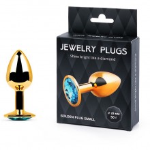 Маленькая металлическая анальная пробка «Golden Plug Small», цвет кристалла голубой, Anal Jewelry Plug GS-05, цвет золотой, длина 7.2 см., со скидкой