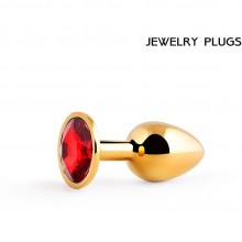Металлическая анальная пробка золотого цвета, кристалл - красный, GS-16, коллекция Anal Jewelry Plug, длина 7.2 см., со скидкой