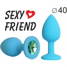 Голубая силиконовая анальная пробка, цвет стразы - зеленый, SF-70291-07, бренд Sexy Friend, длина 9.5 см., со скидкой