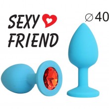 Голубая силиконовая анальная пробка, цвет стразы - красный, SF-70291-16, бренд Sexy Friend, длина 9.5 см.