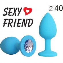 Голубая силиконовая анальная пробка, цвет стразы - светло-фиолетовый, SF-70291-15, бренд Sexy Friend, длина 9.5 см.