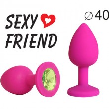 Розовая силиконовая анальная пробка, цвет кристалла - светло-зеленый, SF-70290-10, бренд Sexy Friend, цвет розовый, длина 9.5 см.