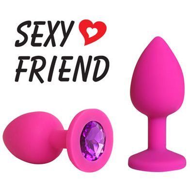 Силиконовая анальная пробка c фиолетовым кристаллом, цвет розовый, Sexy Friend SF-70190-04, длина 7.3 см., со скидкой