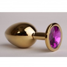 Анальная пробка золотая с фиолетовым кристаллом, 47058-1-MM, бренд Luxurious Tail, длина 8.2 см., со скидкой