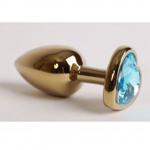 Анальная пробка золото с сердечком из голубого страза, 47194-MM, бренд Luxurious Tail, из материала металл, цвет голубой, длина 7.5 см., со скидкой