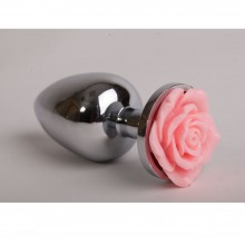 Металлическая анальная пробка с розой, цвет розы - светло-розовый, размер M, 47183-MM, длина 8 см., со скидкой