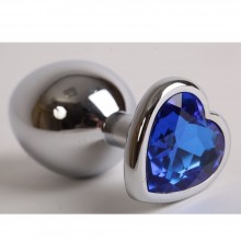 Пробка металлическая с синим сердечком в виде страза, размер M, Luxurious Tail 47105-1-MM, коллекция Anal Jewelry Plug, длина 8 см.