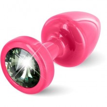 Diogol «Anni Round Pink T1-Black Diamo» розовая анальная пробка с черным кристаллом, диаметр 2.5 см, из материала металл, длина 5.6 см., со скидкой