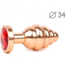Втулка анальная «Gold Plug Medium» золотая, цвет кристалла красный, AG-16-M, бренд Anal Jewerly Plug, из материала металл, длина 8 см.