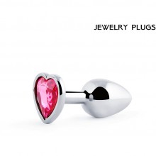 Анальная пробка металлическая с рубиновым ограничителем в виде сердца, длина 70 мм, диаметр 28 мм, SCH-14, коллекция Anal Jewelry Plug, цвет серебристый, длина 7 см., со скидкой