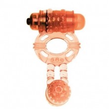 Эрекционное виброкольцо с анальным стимулятором «Super Twin Vibe Skin», цвет оранжевый, ShotsToys SH-SHT010SKN, из материала ПВХ, диаметр 2 см.