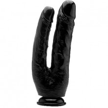 Двойной фаллоимитатор с присоской «Realistic Cock 10 дюймов», цвет черный, RealRock SH-REA059BLK, бренд Shots Media, из материала TPR, длина 25.5 см., со скидкой