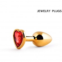 Маленькая анальная пробка золотая с ограничителем в виде сердца красного цвета, длина 70 мм, диаметр 28 мм, SCHG-16, из материала металл, коллекция Anal Jewelry Plug, длина 7 см., со скидкой
