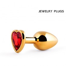 Золотистая анальная пробка с красным кристаллом в виде сердечка, длина 80 мм, диаметр 34 мм, MCHG-16, из материала металл, коллекция Anal Jewelry Plug, длина 8 см., со скидкой