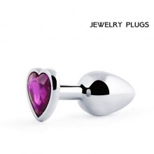 Классическая анальная пробка серебряная из металла с фиолетовым кристаллом в виде сердечка, MCH-04, коллекция Anal Jewelry Plug, цвет серебристый, длина 8 см., со скидкой
