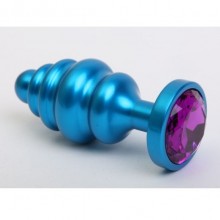 Фигурная анальная пробка с фиолетовым стразом, цвет голубой, 47428-5MM, бренд 4sexdream, из материала металл, длина 7.3 см., со скидкой