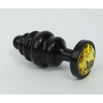 Фигурная анальная пробка с желтым стразом, цвет черный, 47427-9MM, из материала металл, длина 7.3 см., со скидкой