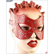 Изысканная БДСМ маска из натуральной кожи с заклепками, цвет красный, Подиум Р33а, бренд Фетиш компани, из материала кожа, длина 68 см., со скидкой